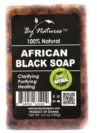 Bar of African Black Soap with 'By Nature's' branding on a black label.